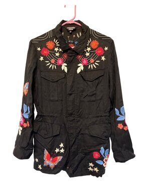 Johnny Was Mika Paris Black Embroidered Military Jacket XS Floral Butterfly
